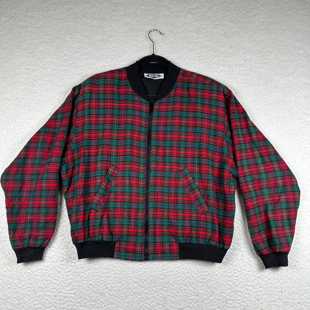 Vtg RIDE Plaid Cropped Bomber Track Jacket Women S Cotton Full Zip Preppy Street